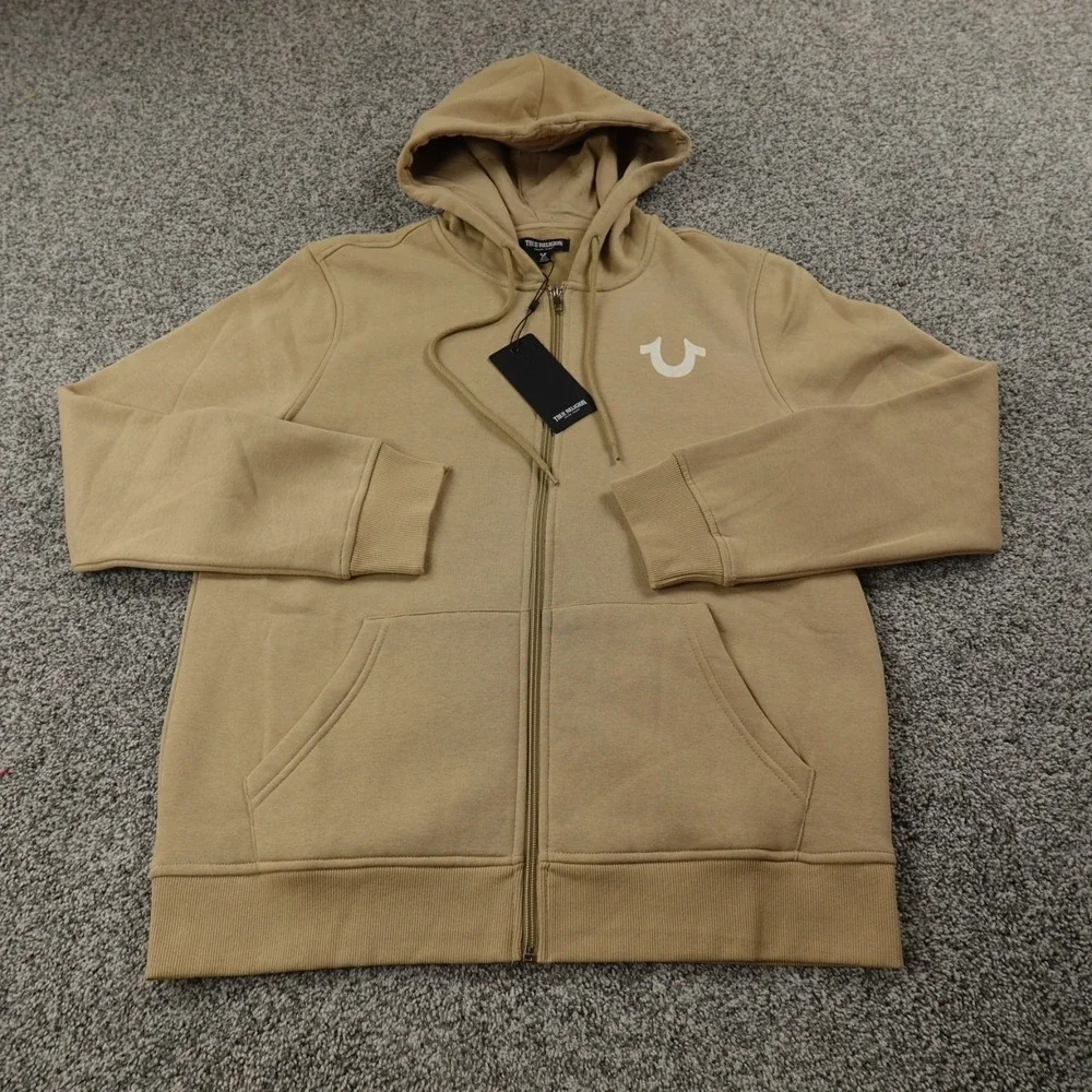 NEW True Religion Hoodie Mens L Beige Buddha Full Zip Sweater Sweatshirt Jacket